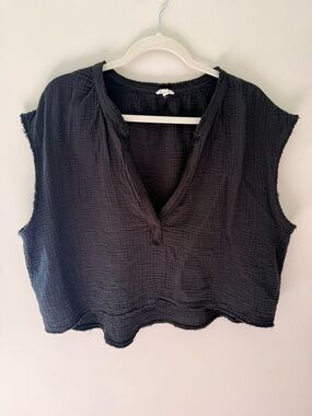 aerie Black Textured V-Neck Cropped Tank